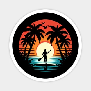 Paddle Boarder Palm Tree Sunset Magnet